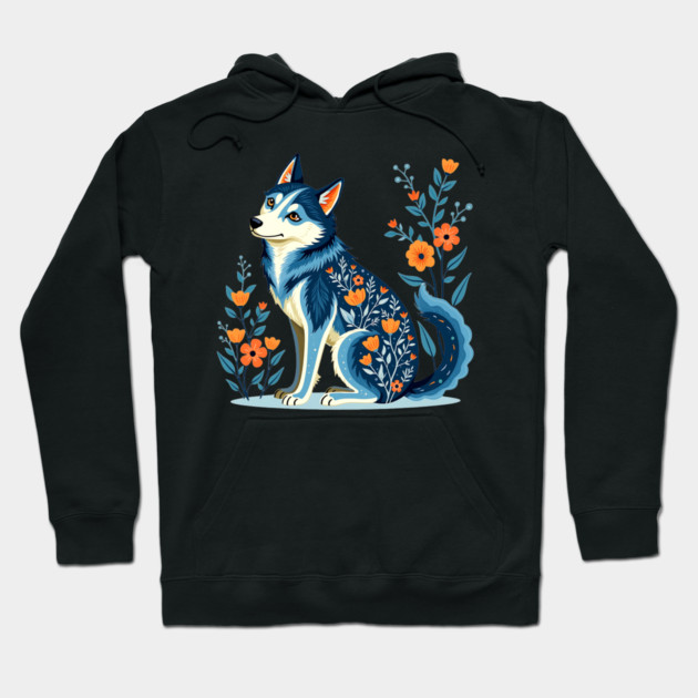Floral Siberian Husky Art Print Hoodie by BirdsnStuff