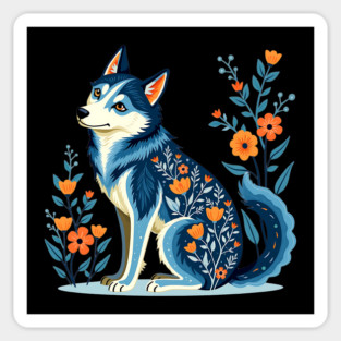 Floral Siberian Husky Art Print Magnet