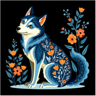 Floral Siberian Husky Art Print Posters and Art
