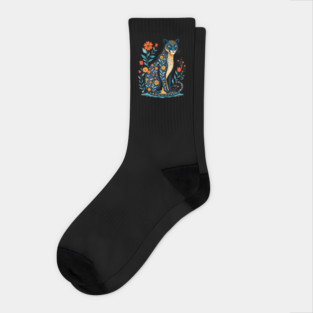 Floral Cat Illustration with Vibrant Flowers Socks