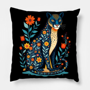 Floral Cat Illustration with Vibrant Flowers Pillow