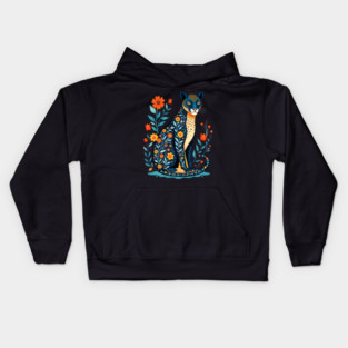 Floral Cat Illustration with Vibrant Flowers Kids Hoodie