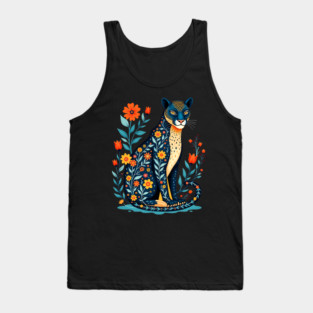 Floral Cat Illustration with Vibrant Flowers Tank Top