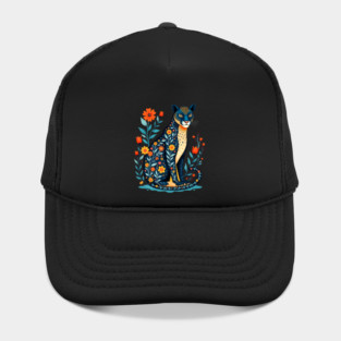 Floral Cat Illustration with Vibrant Flowers Hat