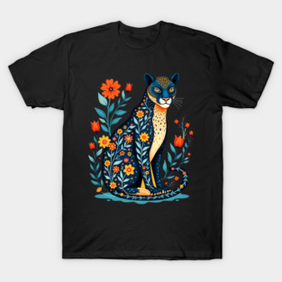 Floral Cat Illustration with Vibrant Flowers T-Shirt