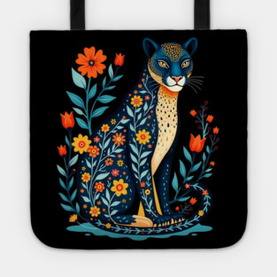 Floral Cat Illustration with Vibrant Flowers Tote