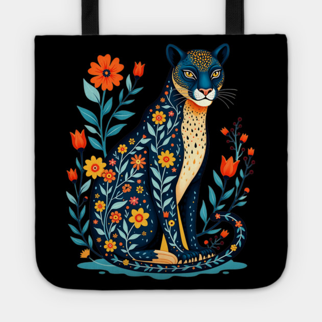 Floral Cat Illustration with Vibrant Flowers Tote by BirdsnStuff
