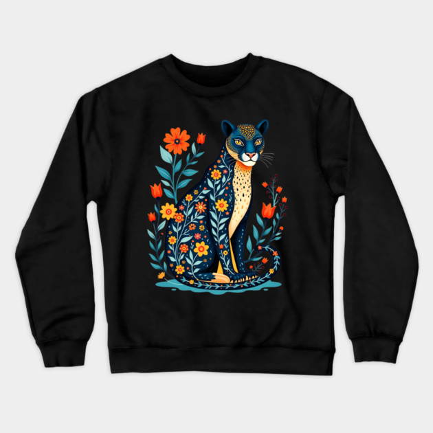 Floral Cat Illustration with Vibrant Flowers Crewneck Sweatshirt by BirdsnStuff