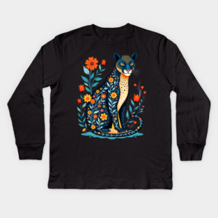 Floral Cat Illustration with Vibrant Flowers Kids Long Sleeve T-Shirt