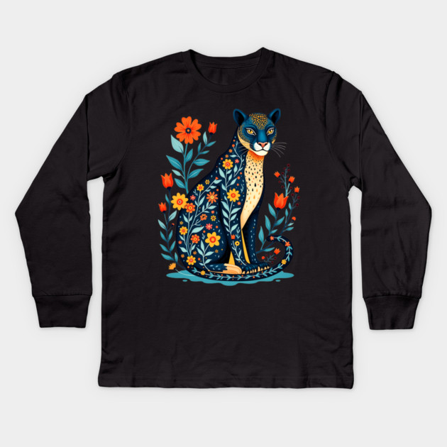 Floral Cat Illustration with Vibrant Flowers Kids Long Sleeve T-Shirt by BirdsnStuff
