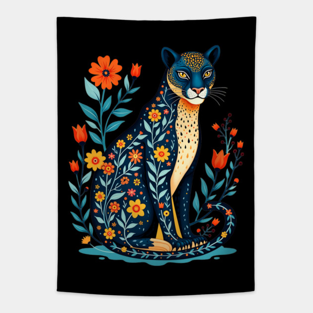 Floral Cat Illustration with Vibrant Flowers Tapestry by BirdsnStuff
