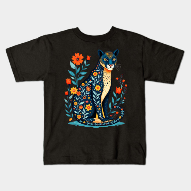 Floral Cat Illustration with Vibrant Flowers Kids T-Shirt by BirdsnStuff