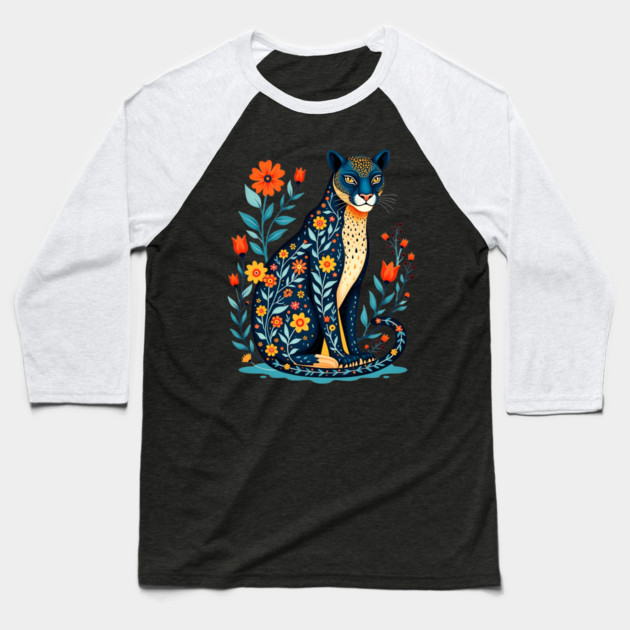 Floral Cat Illustration with Vibrant Flowers Baseball T-Shirt by BirdsnStuff