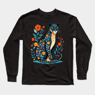 Floral Cat Illustration with Vibrant Flowers Long Sleeve T-Shirt