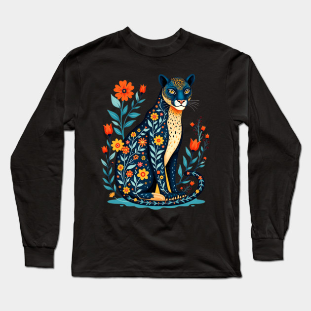 Floral Cat Illustration with Vibrant Flowers Long Sleeve T-Shirt by BirdsnStuff