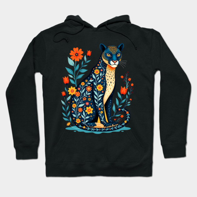 Floral Cat Illustration with Vibrant Flowers Hoodie by BirdsnStuff