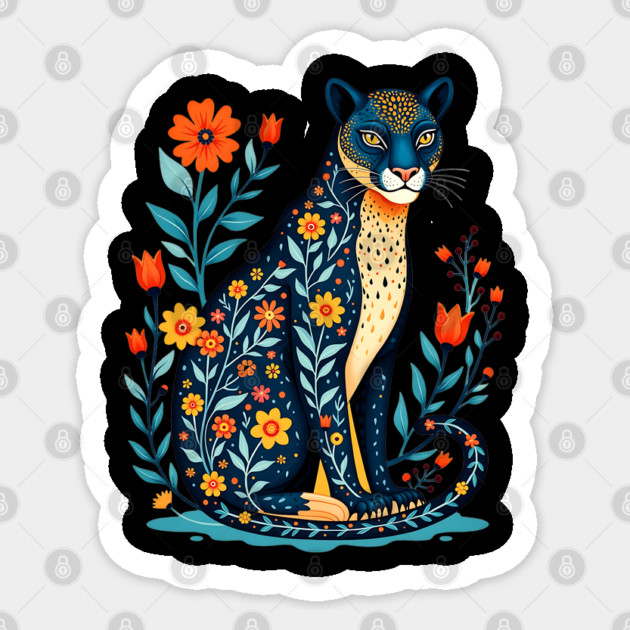 Floral Cat Illustration with Vibrant Flowers Sticker by BirdsnStuff