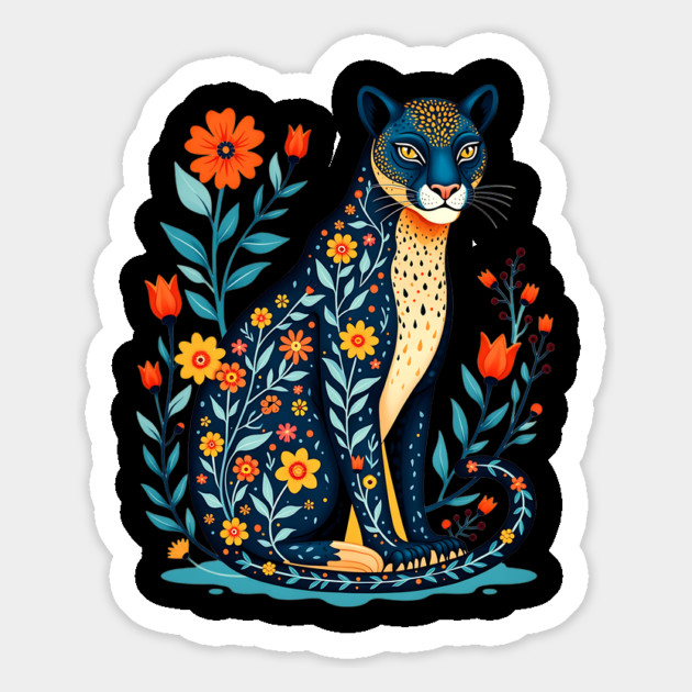 Floral Cat Illustration with Vibrant Flowers Magnet by BirdsnStuff