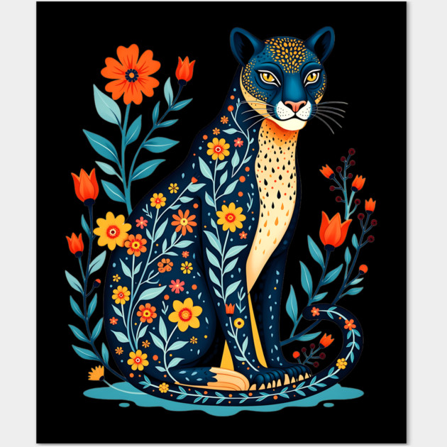 Floral Cat Illustration with Vibrant Flowers Wall Art by BirdsnStuff