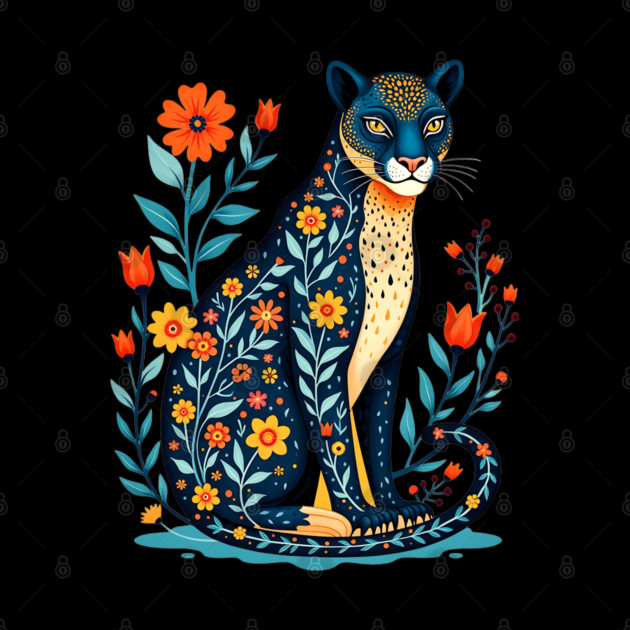 Floral Cat Illustration with Vibrant Flowers by BirdsnStuff