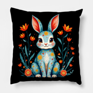 Folk Art Floral Rabbit Illustration Pillow