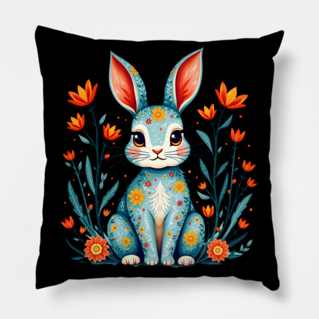 Folk Art Floral Rabbit Illustration Pillow by BirdsnStuff
