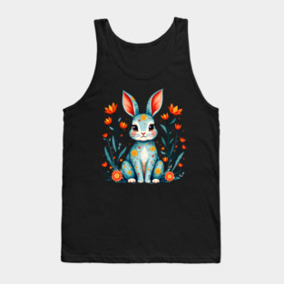 Folk Art Floral Rabbit Illustration Tank Top