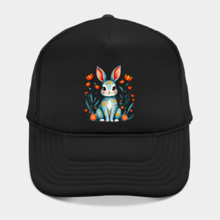 Folk Art Floral Rabbit Illustration Hat