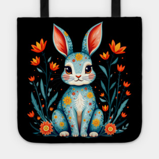 Folk Art Floral Rabbit Illustration Tote