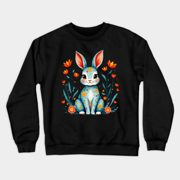 Folk Art Floral Rabbit Illustration Crewneck Sweatshirt by BirdsnStuff