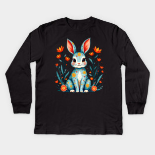 Folk Art Floral Rabbit Illustration Kids Long Sleeve T-Shirt