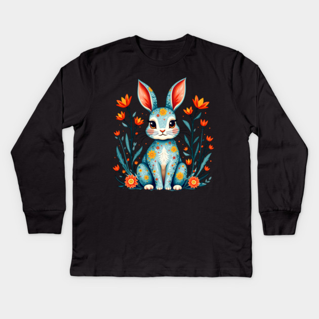 Folk Art Floral Rabbit Illustration Kids Long Sleeve T-Shirt by BirdsnStuff
