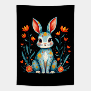 Folk Art Floral Rabbit Illustration Tapestry