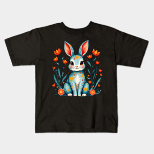 Folk Art Floral Rabbit Illustration Kids T-Shirt