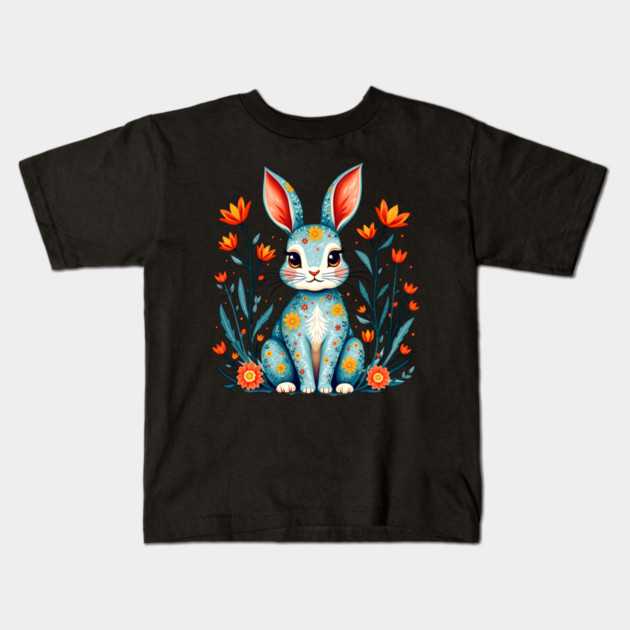 Folk Art Floral Rabbit Illustration Kids T-Shirt by BirdsnStuff
