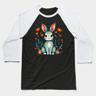 Folk Art Floral Rabbit Illustration Baseball T-Shirt