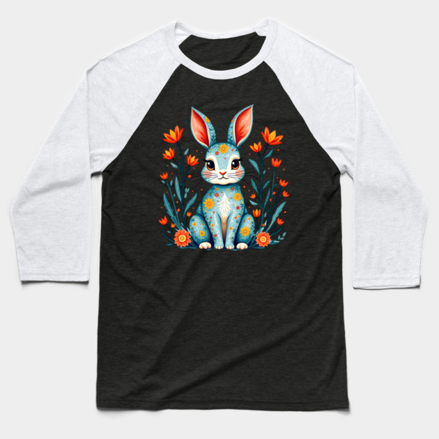 Folk Art Floral Rabbit Illustration Baseball T-Shirt by BirdsnStuff