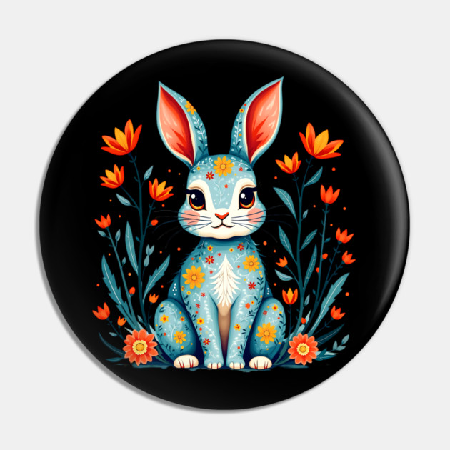 Folk Art Floral Rabbit Illustration Pin by BirdsnStuff