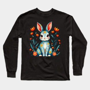 Folk Art Floral Rabbit Illustration Long Sleeve T-Shirt