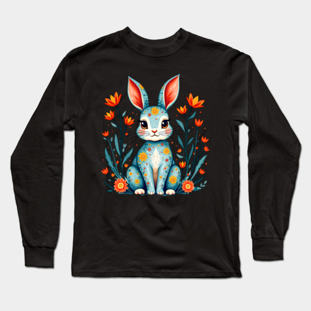Folk Art Floral Rabbit Illustration Long Sleeve T-Shirt by BirdsnStuff