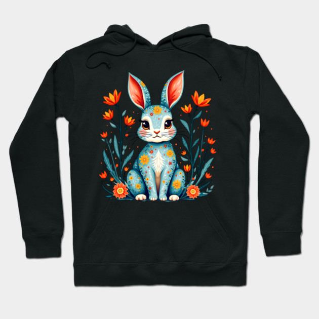 Folk Art Floral Rabbit Illustration Hoodie by BirdsnStuff
