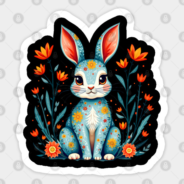Folk Art Floral Rabbit Illustration Sticker by BirdsnStuff
