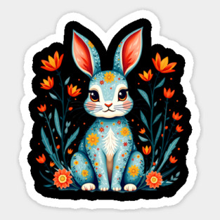 Folk Art Floral Rabbit Illustration Magnet