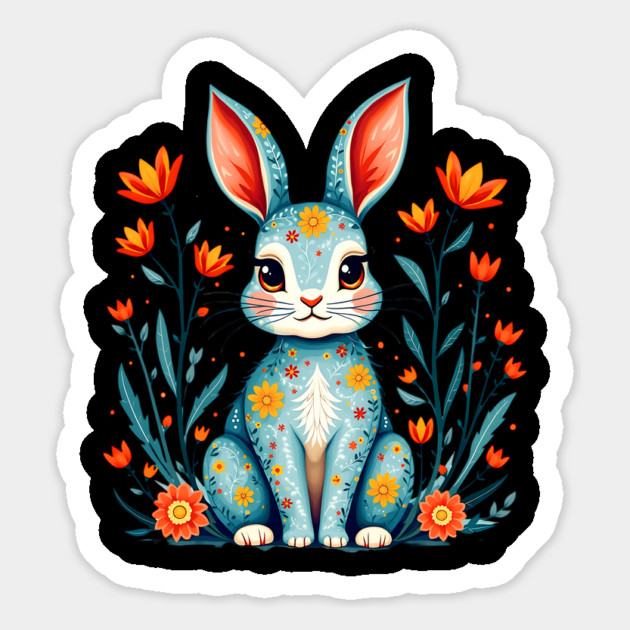 Folk Art Floral Rabbit Illustration Magnet by BirdsnStuff