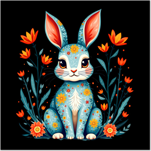 Folk Art Floral Rabbit Illustration Wall Art by BirdsnStuff