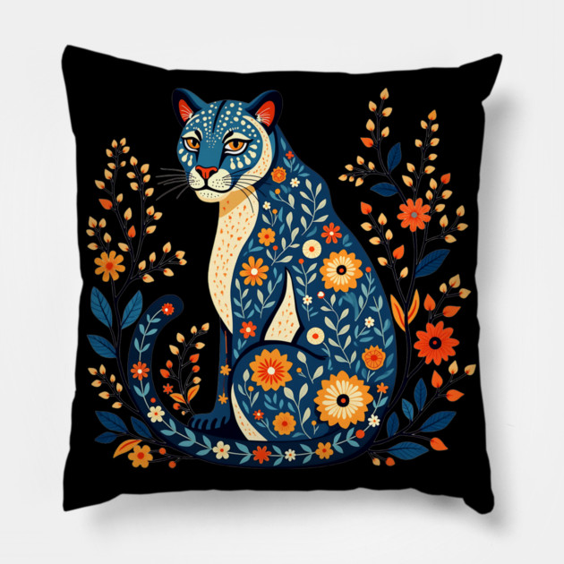 Floral Cat Illustration with Vibrant Flowers2 Pillow by BirdsnStuff