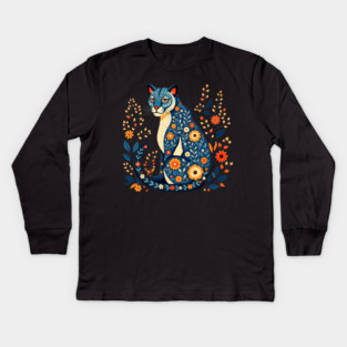 Floral Cat Illustration with Vibrant Flowers2 Kids Long Sleeve T-Shirt