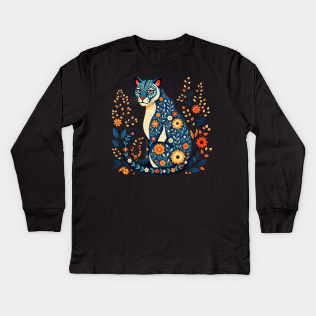 Floral Cat Illustration with Vibrant Flowers2 Kids Long Sleeve T-Shirt by BirdsnStuff