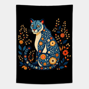 Floral Cat Illustration with Vibrant Flowers2 Tapestry