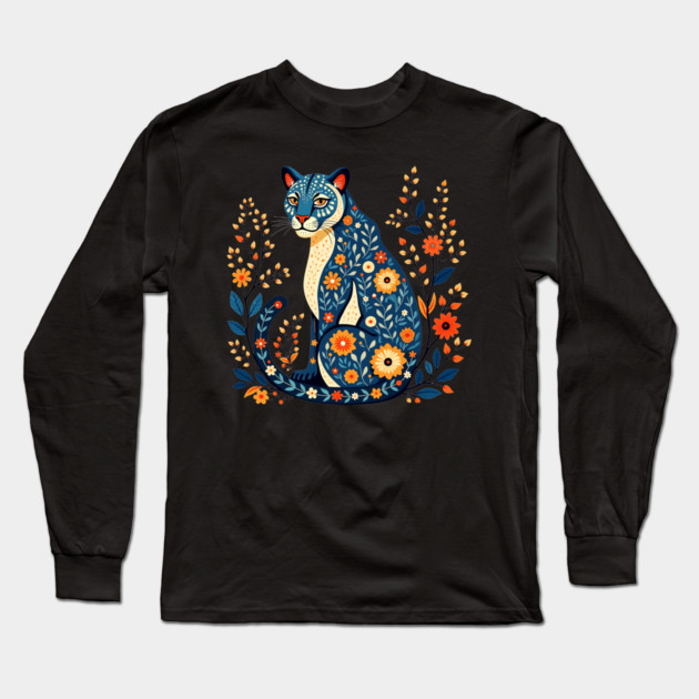 Floral Cat Illustration with Vibrant Flowers2 Long Sleeve T-Shirt by BirdsnStuff